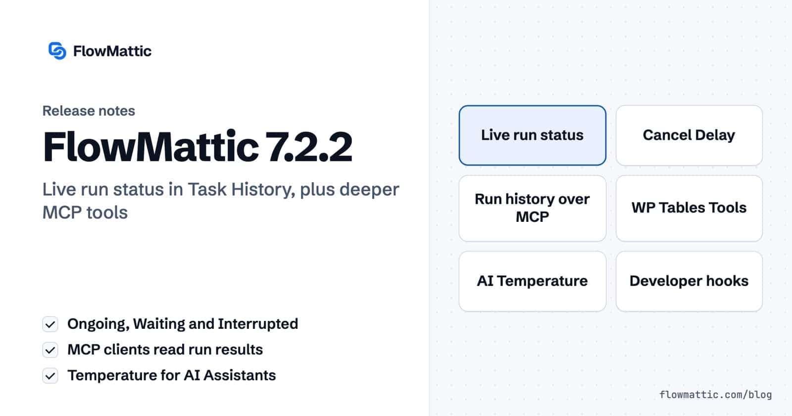 FlowMattic 7.2.2 release card listing live run status, Cancel Delay, run history over MCP, WP Tables Tools, AI Temperature and developer hooks.