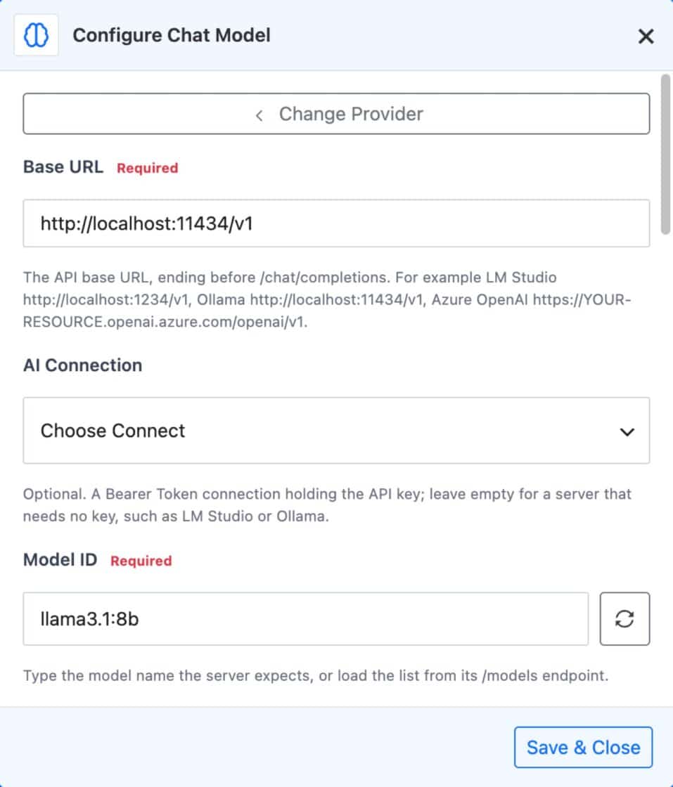 AI Agent Configure Chat Model panel with the OpenAI-Compatible provider, Base URL http://localhost:11434/v1 for Ollama and Model ID llama3.1:8b.
