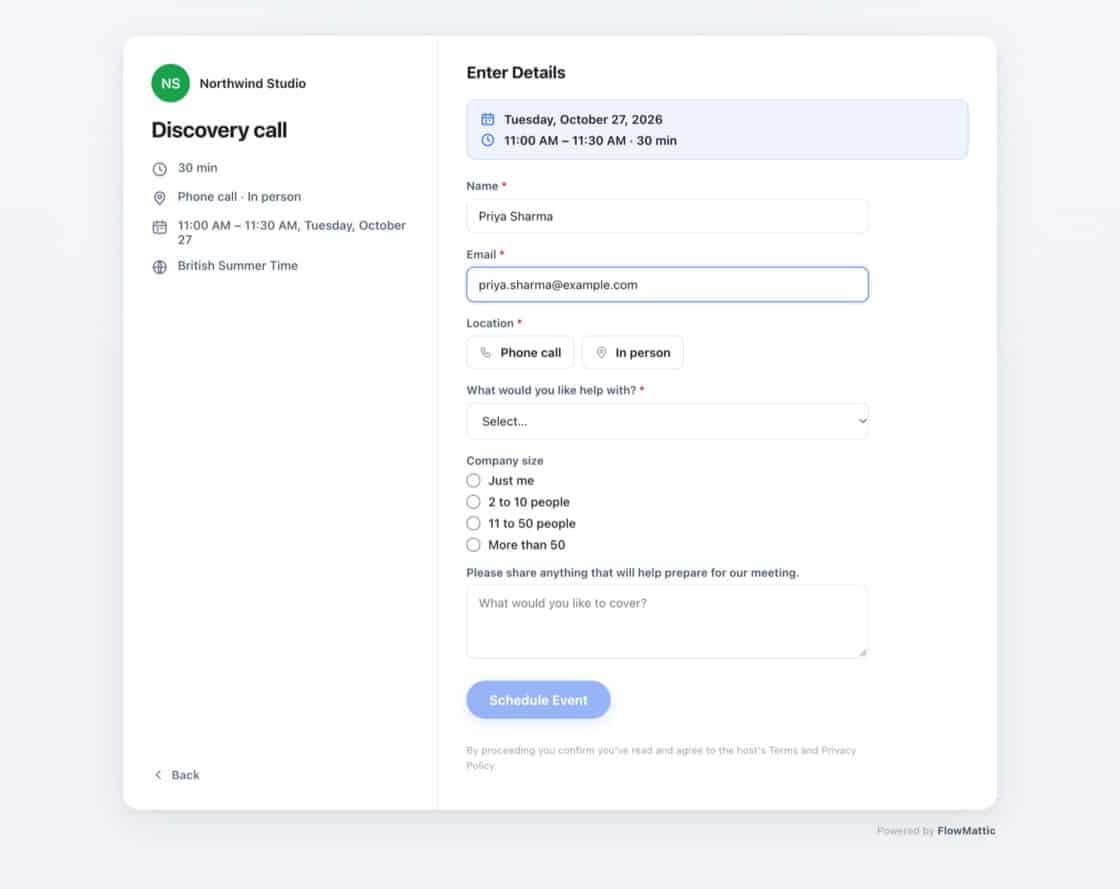 FlowMattic booking form with a Location choice of Phone call or In person, a required dropdown question and a Company size single-choice question.