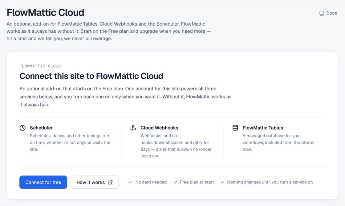 FlowMattic Cloud screen with the Connect this site to FlowMattic Cloud card listing the Scheduler, Cloud Webhooks and FlowMattic Tables services and a Connect for free button.