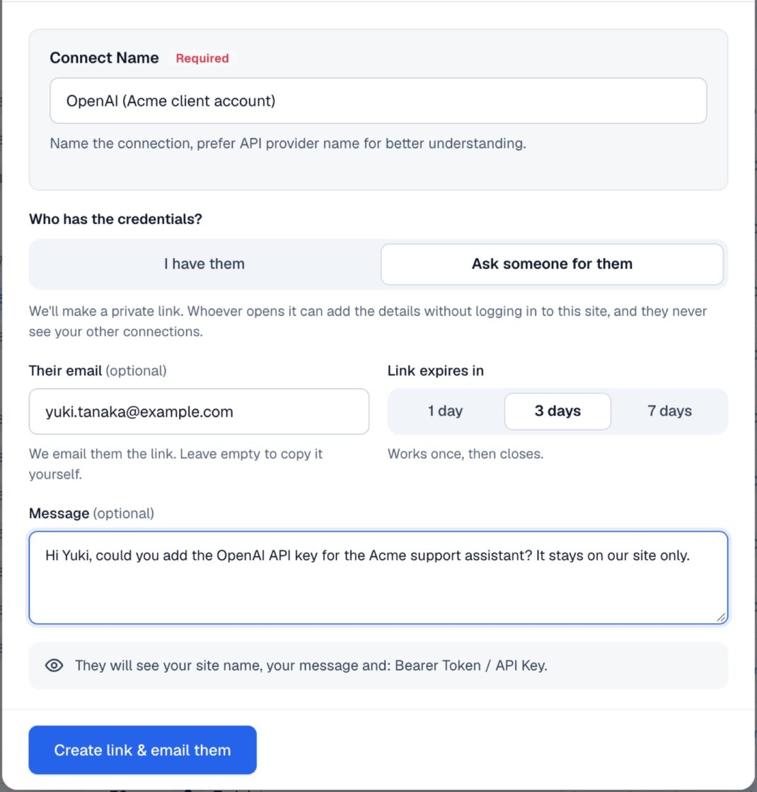 New connect form with Ask someone for them selected, an email address, a 3-day link expiry and a message, ready to create the request link.