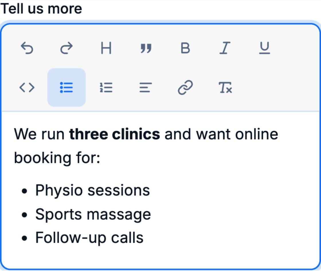 Forms Rich Text field on a phone with a formatting toolbar and an answer with bold text and a bulleted list.