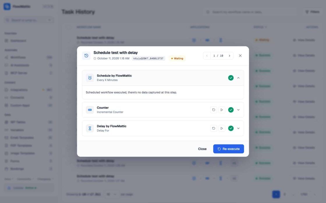 Task History run details showing step cards and the Request Payload tab with the inputs a step ran with.