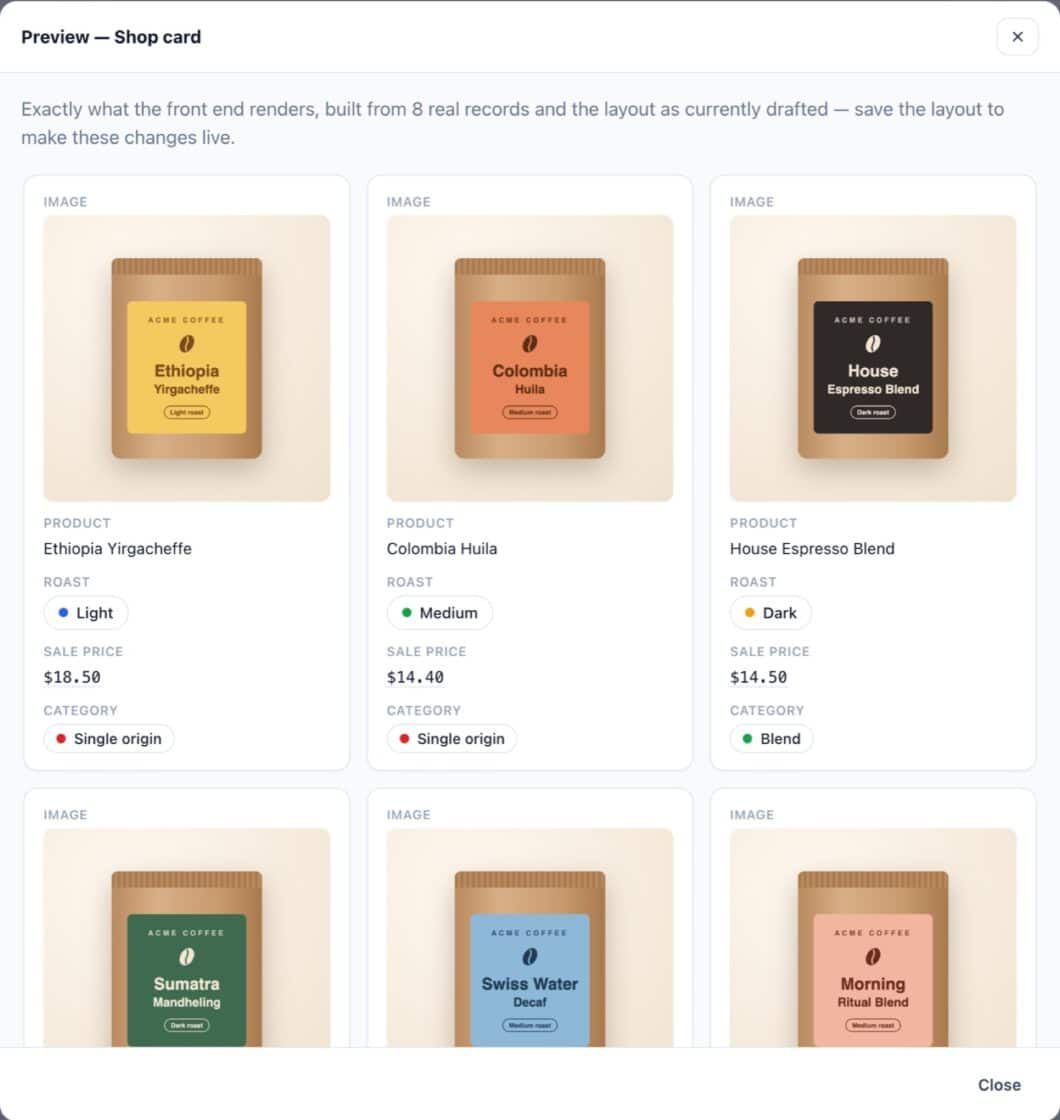 FlowMattic Tables card layout preview showing coffee products as cards with image, product name, roast, sale price and category.