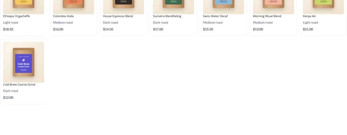 A FlowMattic Tables HTML Template published as a card grid of coffee products with names, roasts and prices.