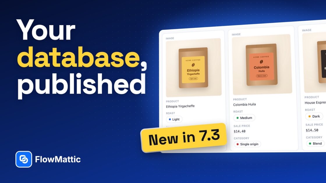 FlowMattic Tables 7.3 video thumbnail: Your database, published, with coffee product cards and a New in 7.3 badge.