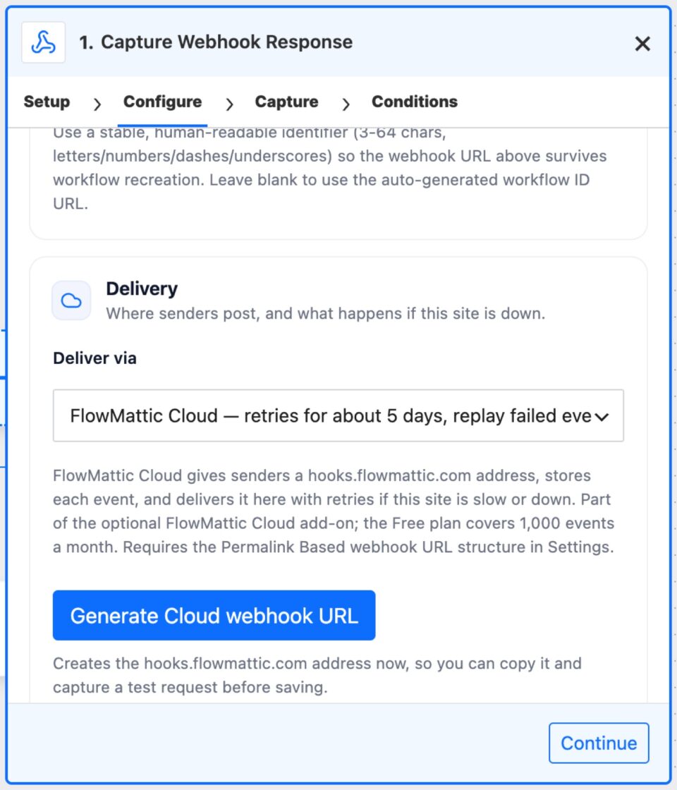 Webhook trigger Configure tab with Deliver via set to FlowMattic Cloud and a Generate Cloud webhook URL button.
