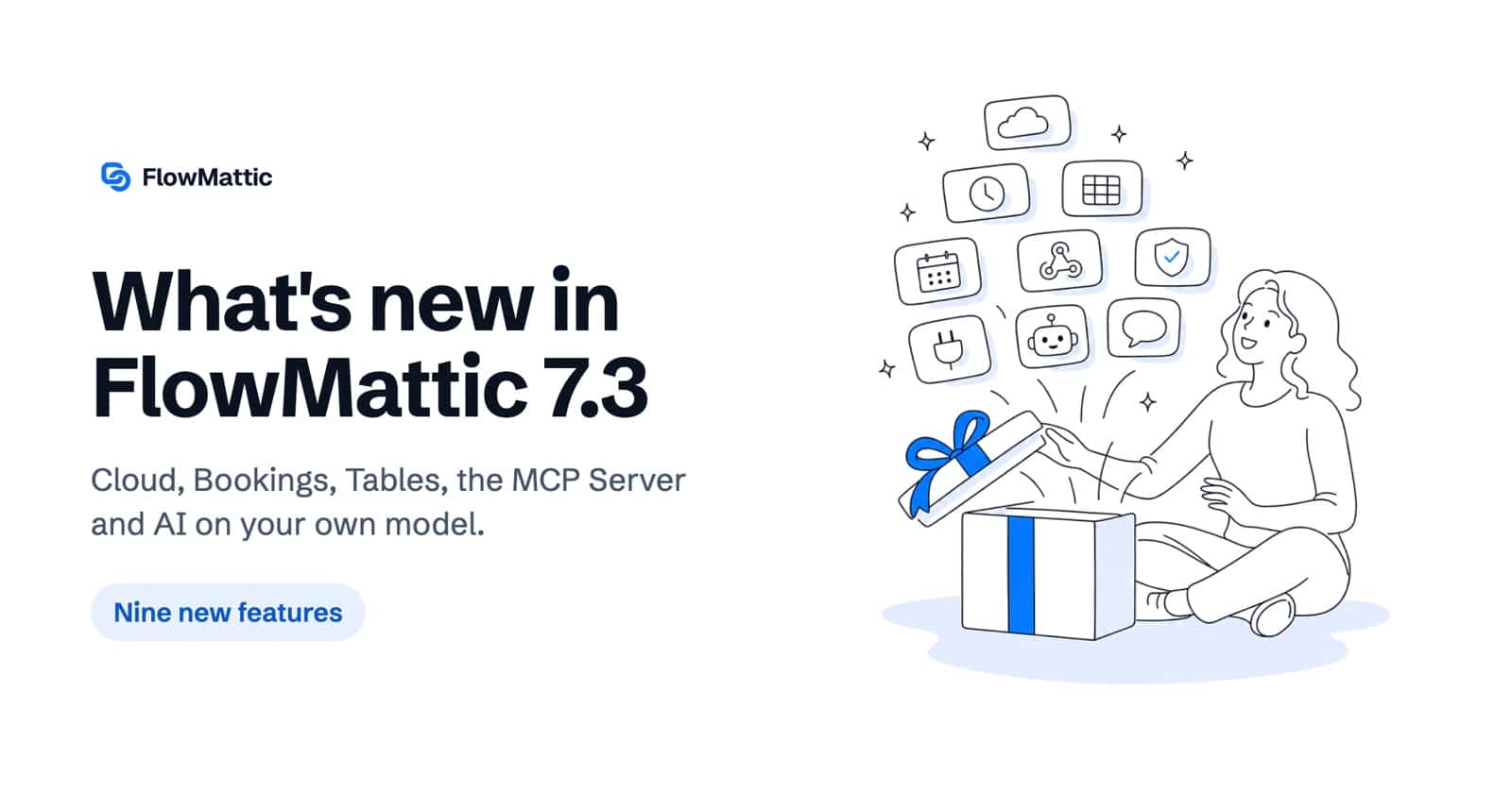 What's new in FlowMattic 7.3: FlowMattic Cloud, Bookings, Tables, the MCP Server and AI on your own model, nine new features.