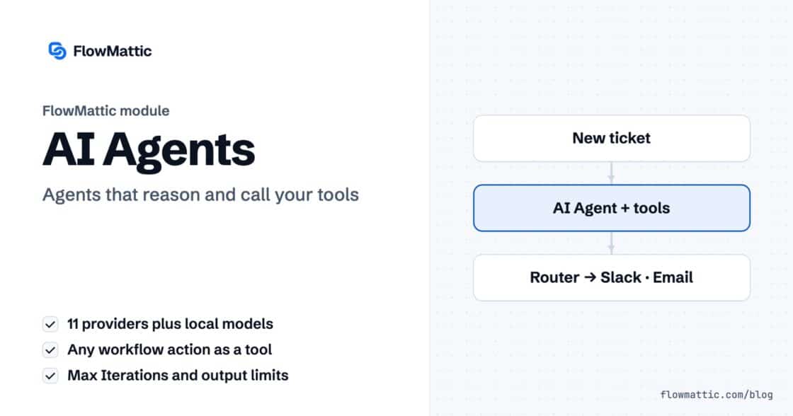 FlowMattic AI Agent step: a new support ticket goes to an agent with CRM and table tools, then a Router sends it to Slack or email.
