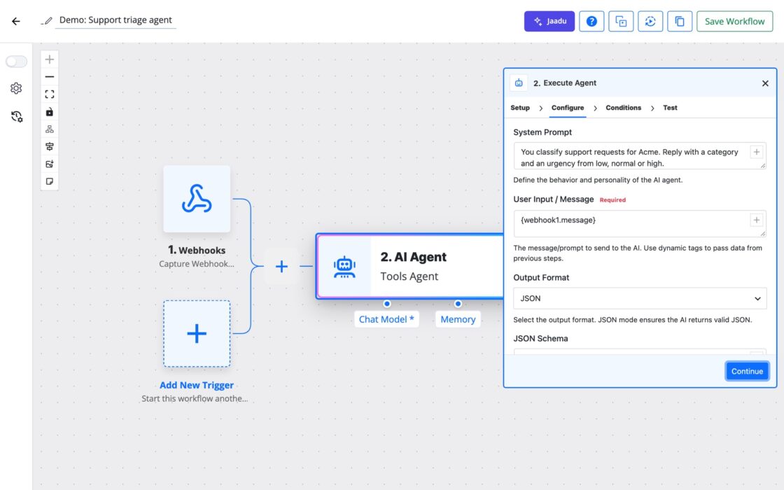 FlowMattic workflow builder showing an AI Agent step after a webhook trigger, with the Execute Agent panel open on System Prompt, User Input and Output Format set to JSON.