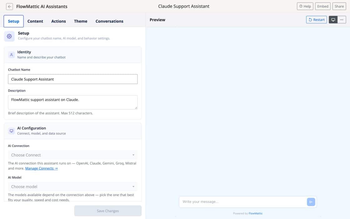 FlowMattic AI Assistant editor showing the Setup, Content, Actions, Theme and Conversations tabs beside a chat preview.