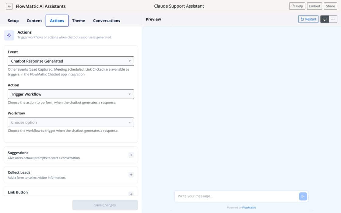 FlowMattic AI Assistant Actions tab with the Event set to Chatbot Response Generated, the Action set to Trigger Workflow and the Collect Leads section.