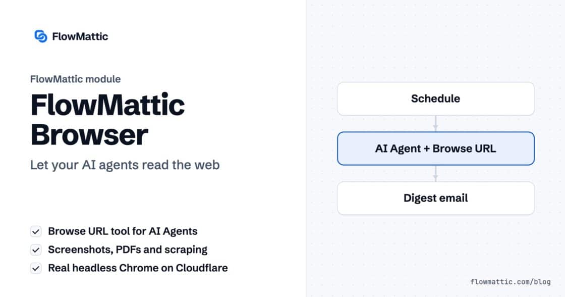 FlowMattic Browser module: an AI Agent uses the Browse URL tool to read web pages and send a digest email.