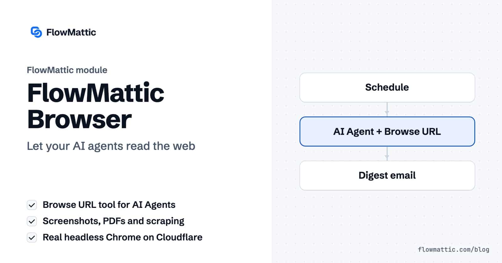 FlowMattic Browser module: an AI Agent uses the Browse URL tool to read web pages and send a digest email.