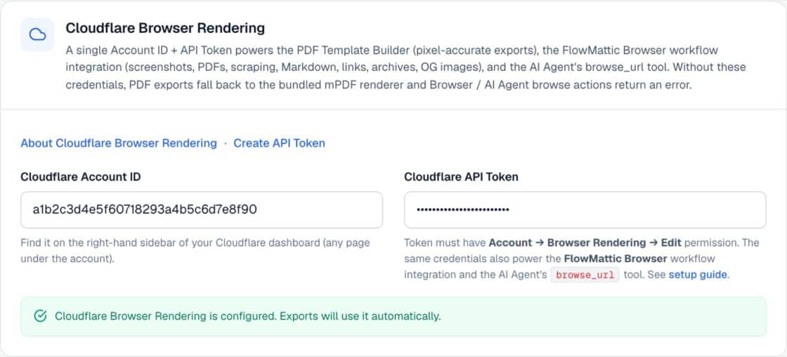 FlowMattic Settings Cloudflare Browser Rendering card with Cloudflare Account ID and Cloudflare API Token fields.