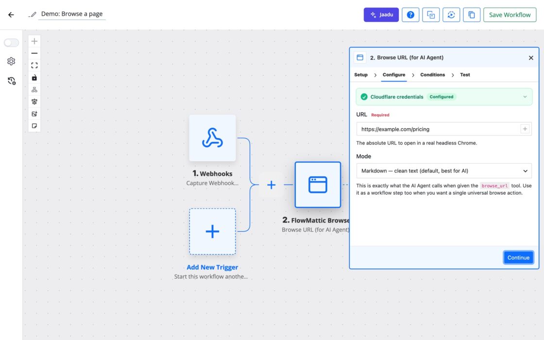 FlowMattic Browser step settings showing the URL field and the Mode dropdown set to Markdown.