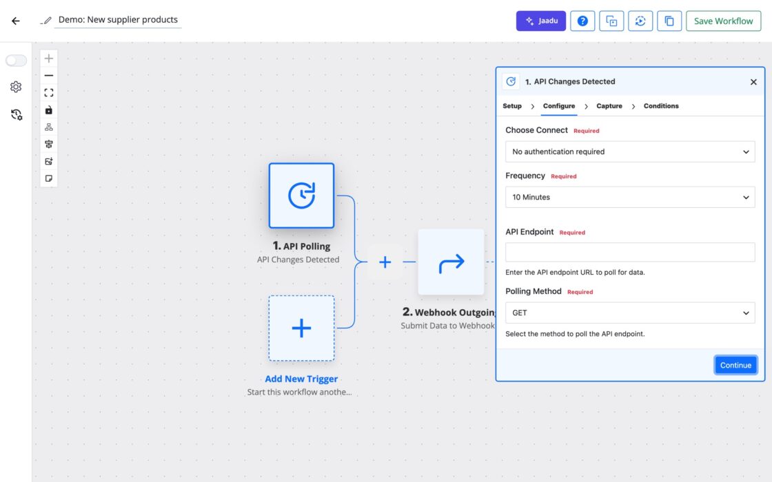 FlowMattic workflow builder showing the API Polling trigger settings with a products endpoint and the Frequency dropdown.