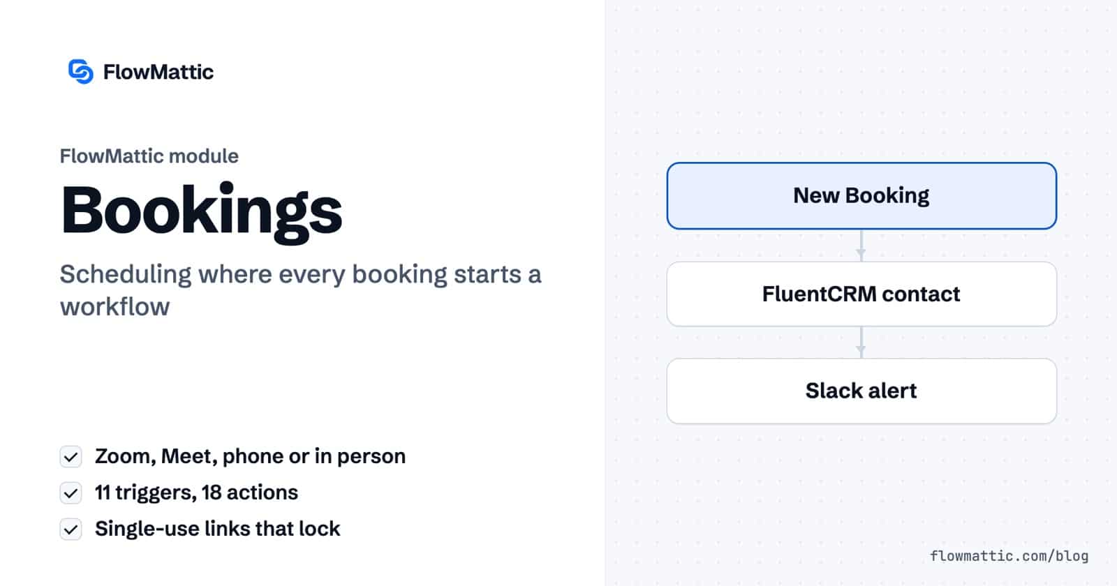 FlowMattic Bookings: a new booking on a WordPress calendar adds the invitee to the CRM and alerts the team in Slack.