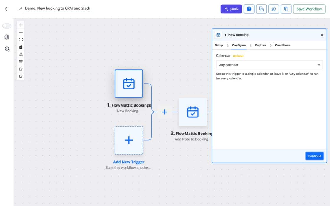 FlowMattic workflow builder showing the FlowMattic Bookings New Booking trigger and its Calendar dropdown.