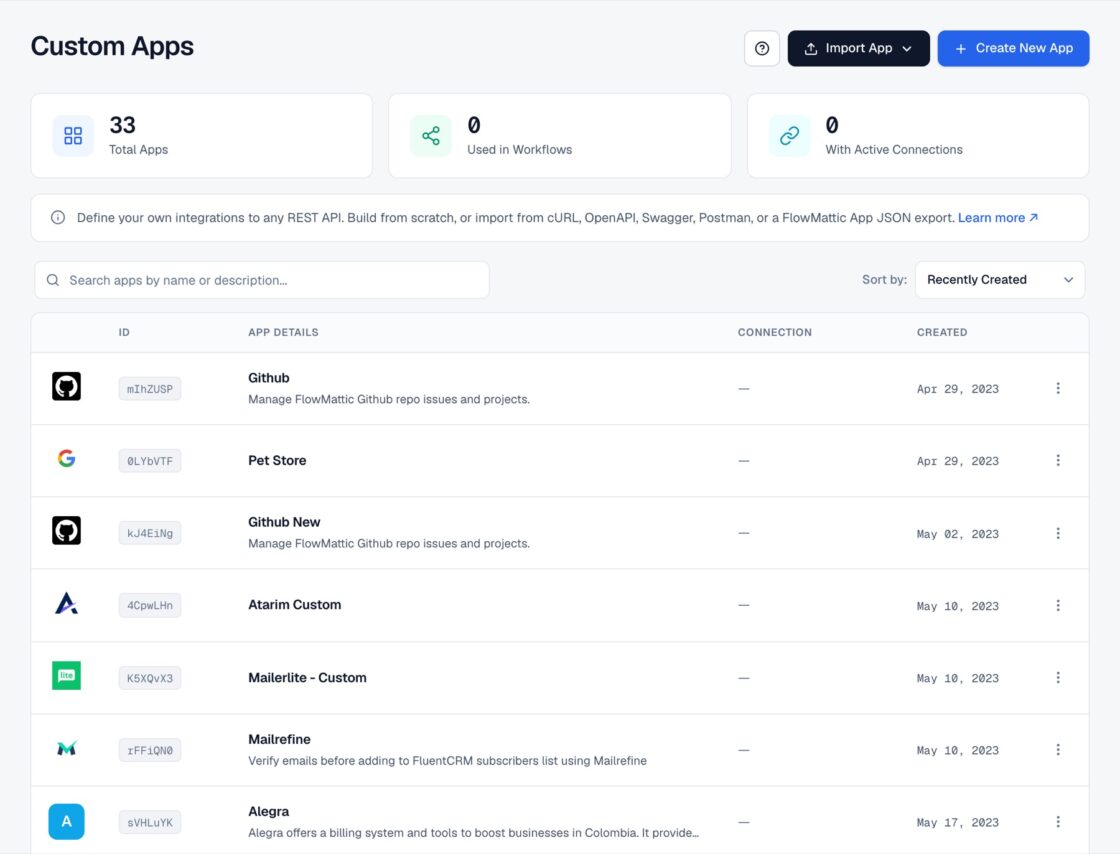 FlowMattic Custom Apps admin screen with app counters and the list of custom apps.
