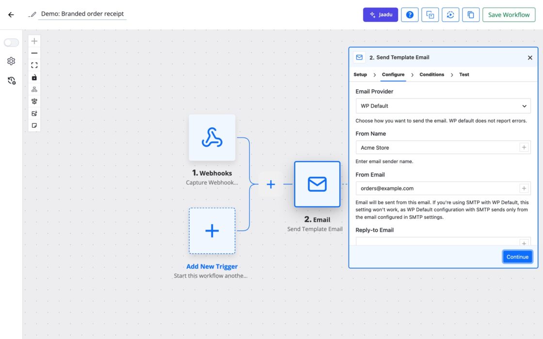 FlowMattic Email by FlowMattic step showing Send Template Email with Email Provider, From Name, To Email and Email Template fields.