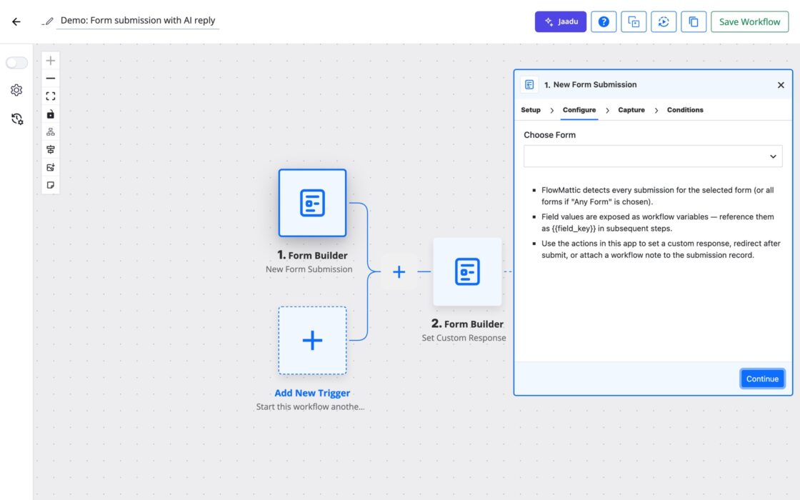 FlowMattic workflow builder showing the Form Builder New Form Submission trigger with the Choose Form dropdown.