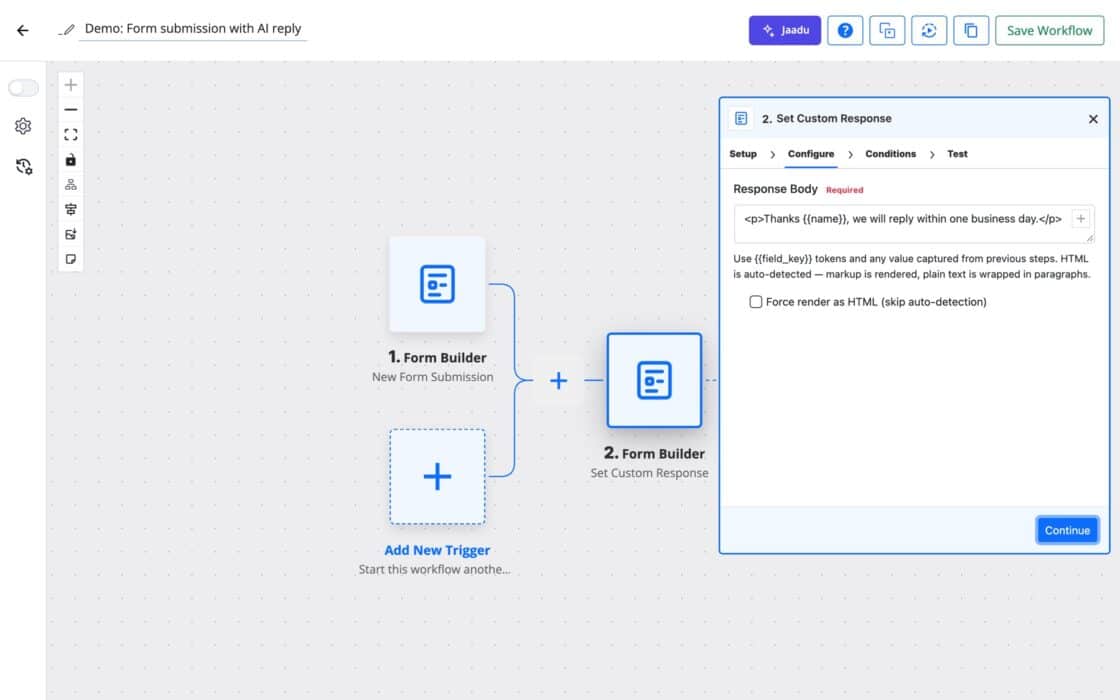 FlowMattic Set Custom Response action with the Response Body field and the Force render as HTML checkbox.
