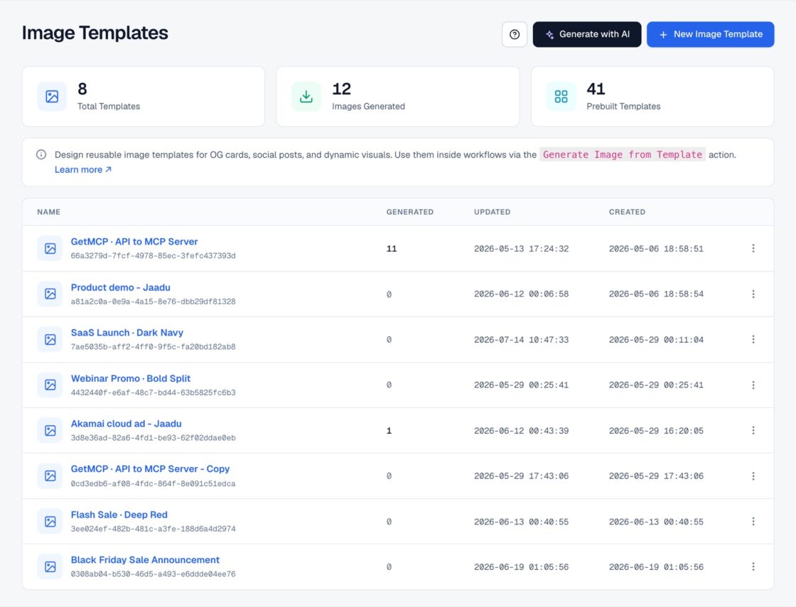 FlowMattic Image Templates admin screen listing saved image templates.