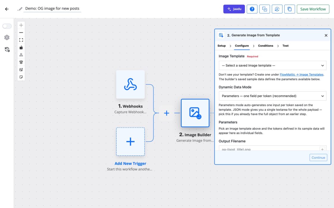 FlowMattic Image Builder step showing Generate Image from Template with per-token parameters.