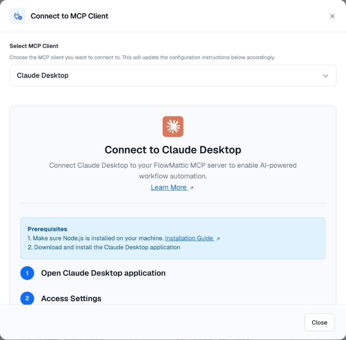 FlowMattic Connect to MCP Client dialog with the client list grouped into AI assistants, APIs, code editors and voice assistants.
