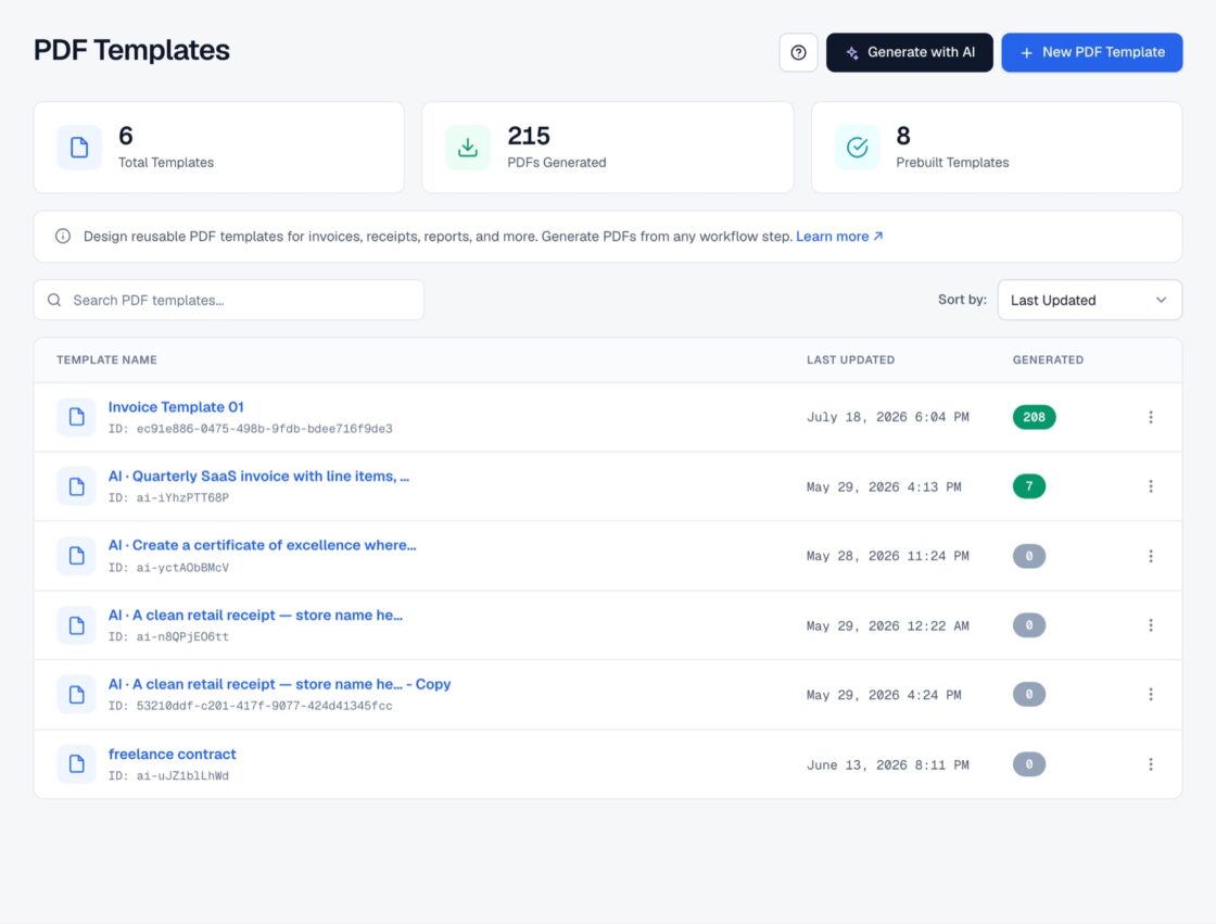 FlowMattic PDF Templates admin screen with saved templates and starter templates such as Invoice and Receipt.