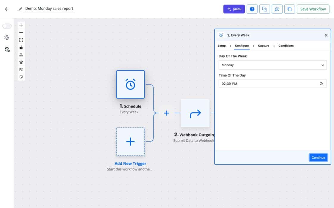 FlowMattic workflow builder showing the Schedule by FlowMattic trigger with the Every Week event, Day Of The Week and Time Of The Day fields.