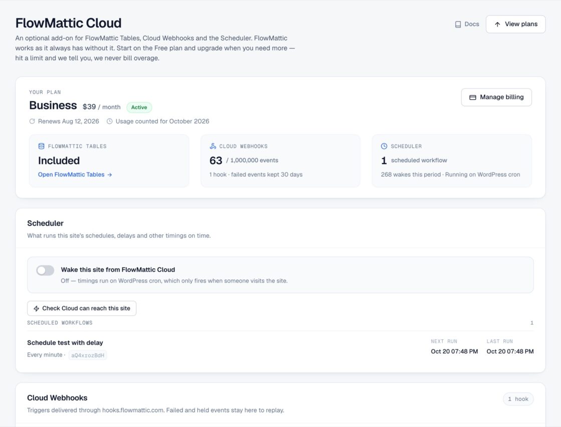 FlowMattic Cloud admin screen showing the Scheduler card with the Wake this site from FlowMattic Cloud switch and a list of scheduled workflows.