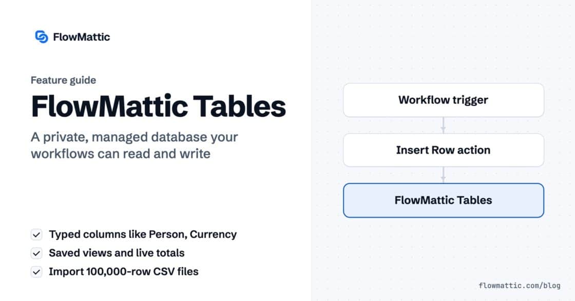 FlowMattic Tables card: a workflow trigger runs an Insert Row action that writes a row into FlowMattic Tables.