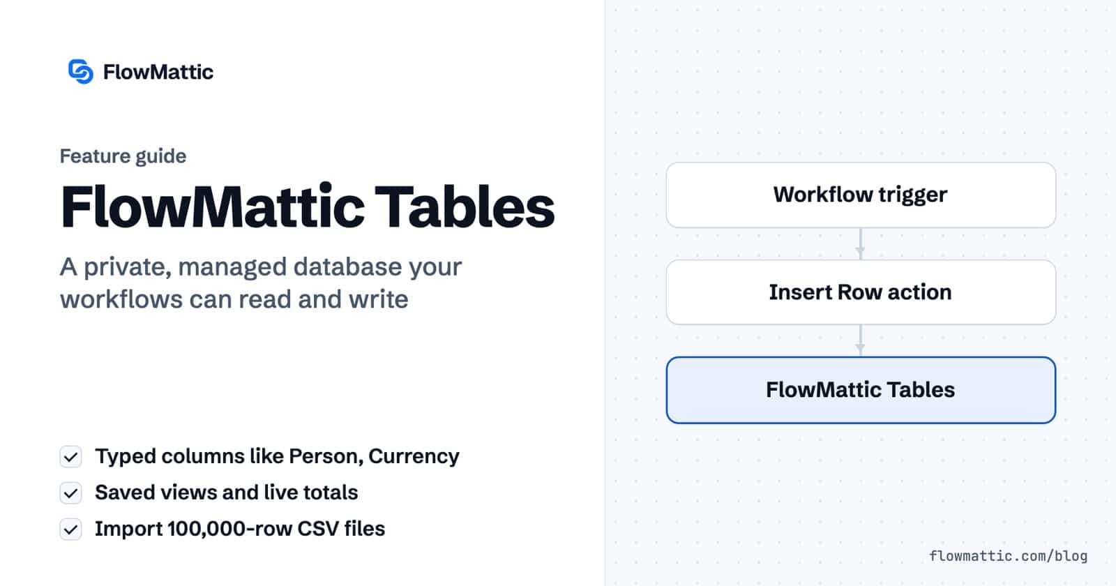 FlowMattic Tables card: a workflow trigger runs an Insert Row action that writes a row into FlowMattic Tables.