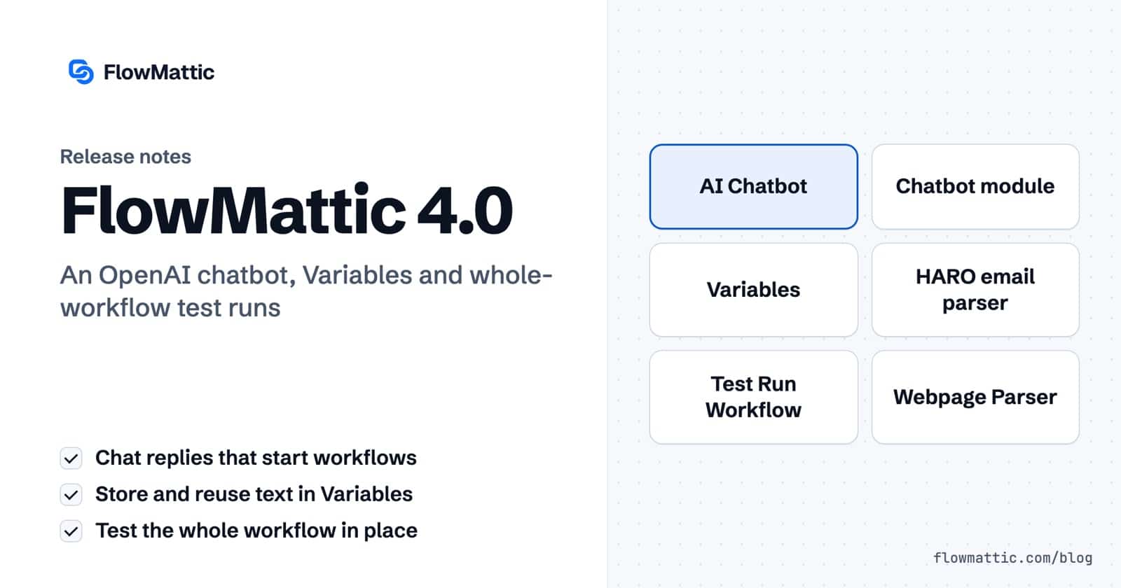 FlowMattic 4.0 release notes card listing the AI Chatbot, Chatbot module, Variables, HARO email parser, Test Run Workflow and Webpage Parser upgrades.