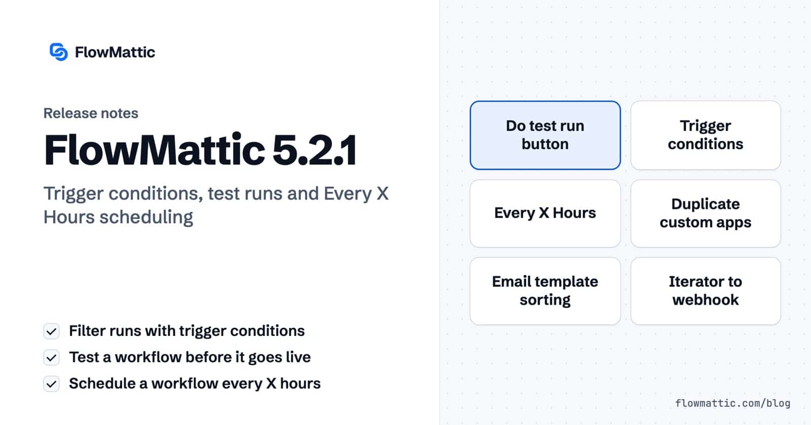 FlowMattic 5.2.1 release notes card listing the Do test run button, trigger conditions, Every X Hours scheduling, duplicate custom apps, email template sorting and iterator to webhook.