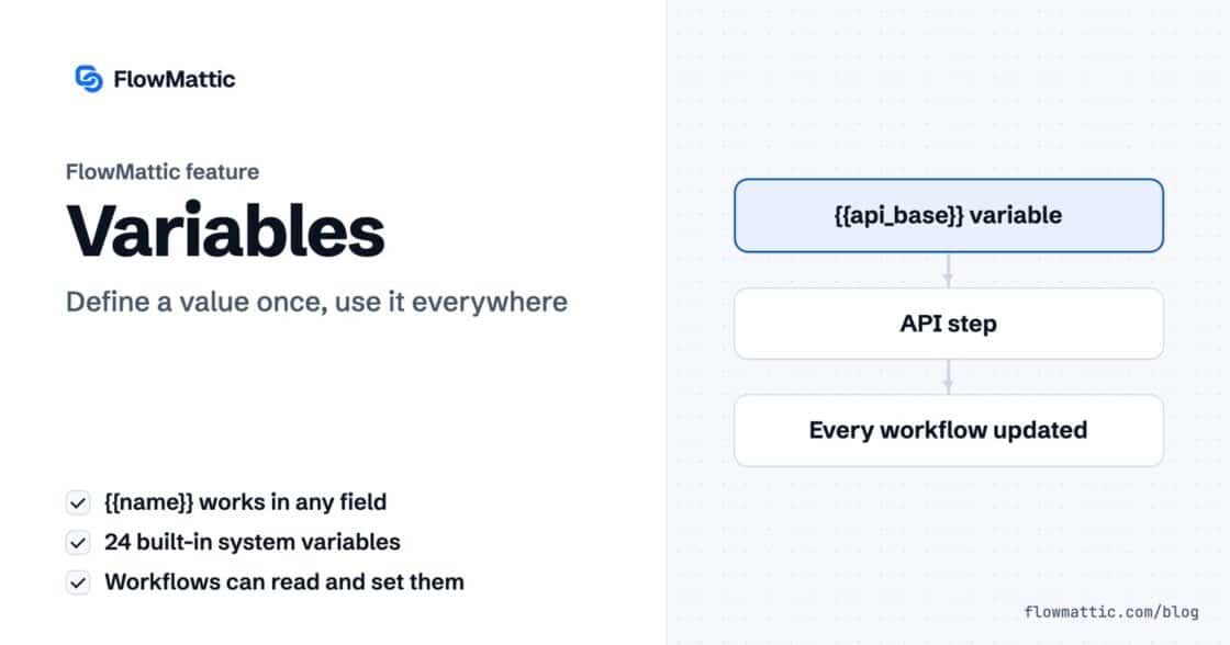 FlowMattic Variables: one {{api_base}} variable feeds the API steps of several workflows, so changing it once updates them all.