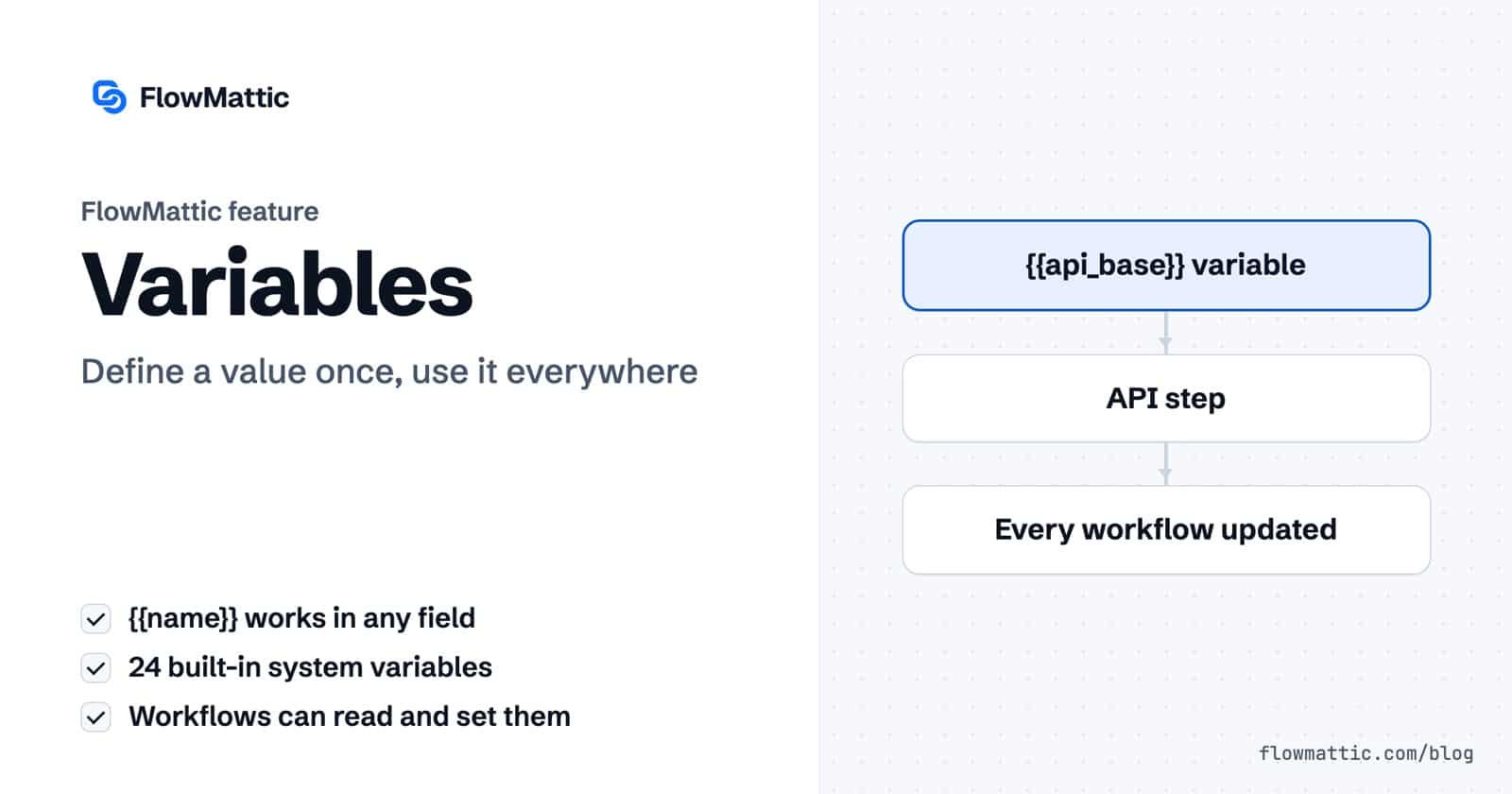 FlowMattic Variables: one {{api_base}} variable feeds the API steps of several workflows, so changing it once updates them all.