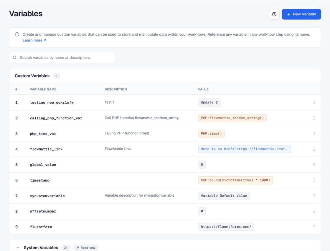 FlowMattic Variables admin screen with Custom Variables and System Variables tables showing name, description and value columns.