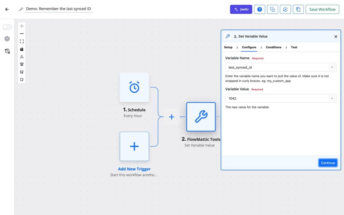FlowMattic workflow builder with a Schedule trigger and a FlowMattic Tools Set Variable Value step showing Variable Name and Variable Value fields.