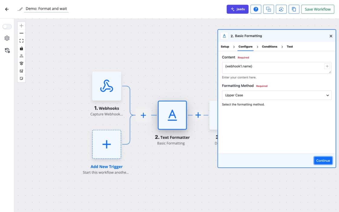 FlowMattic visual workflow builder with Webhooks, Text Formatter and Delay steps and the Text Formatter settings panel open.