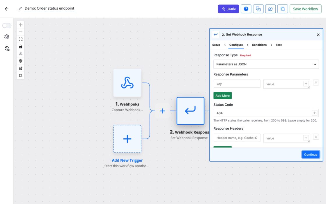 FlowMattic workflow builder showing the Webhook Response Set Webhook Response action with Parameters as JSON selected and a 404 status code.
