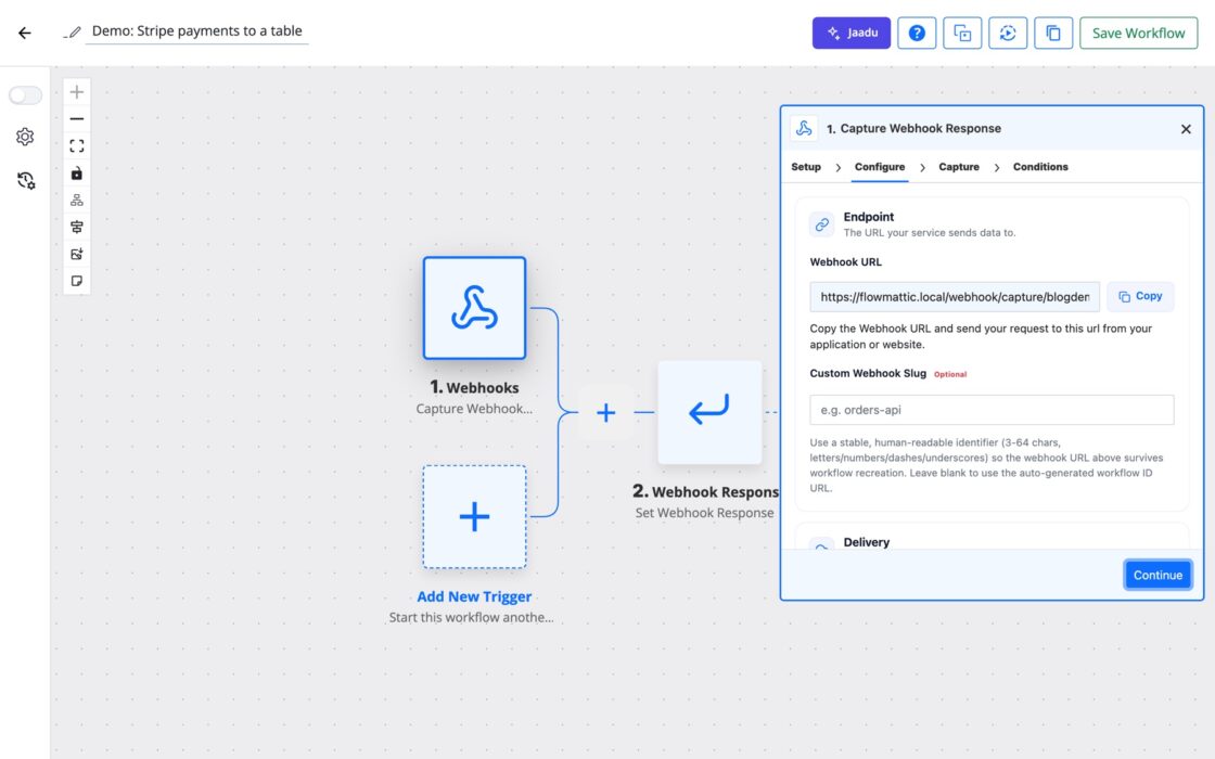 FlowMattic workflow builder showing the Capture Webhook Response trigger with the Webhook URL, Custom Webhook Slug and Deliver via fields.