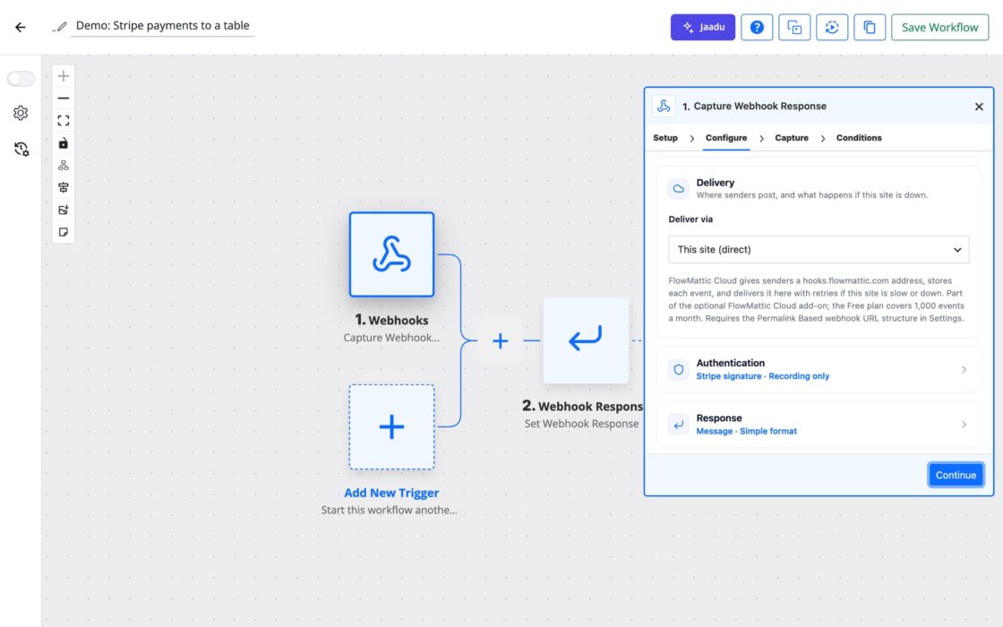 FlowMattic webhook trigger Authentication section with Require authentication turned on, Signature verification chosen and Stripe as the Sender.