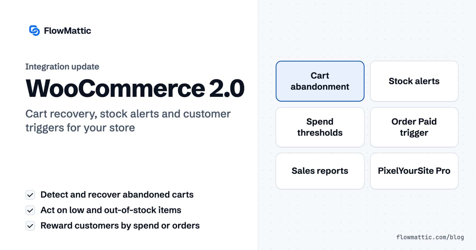 WooCommerce 2.0 integration update card listing cart abandonment, stock alerts, spend thresholds, the Order Paid trigger, sales reports and PixelYourSite Pro.