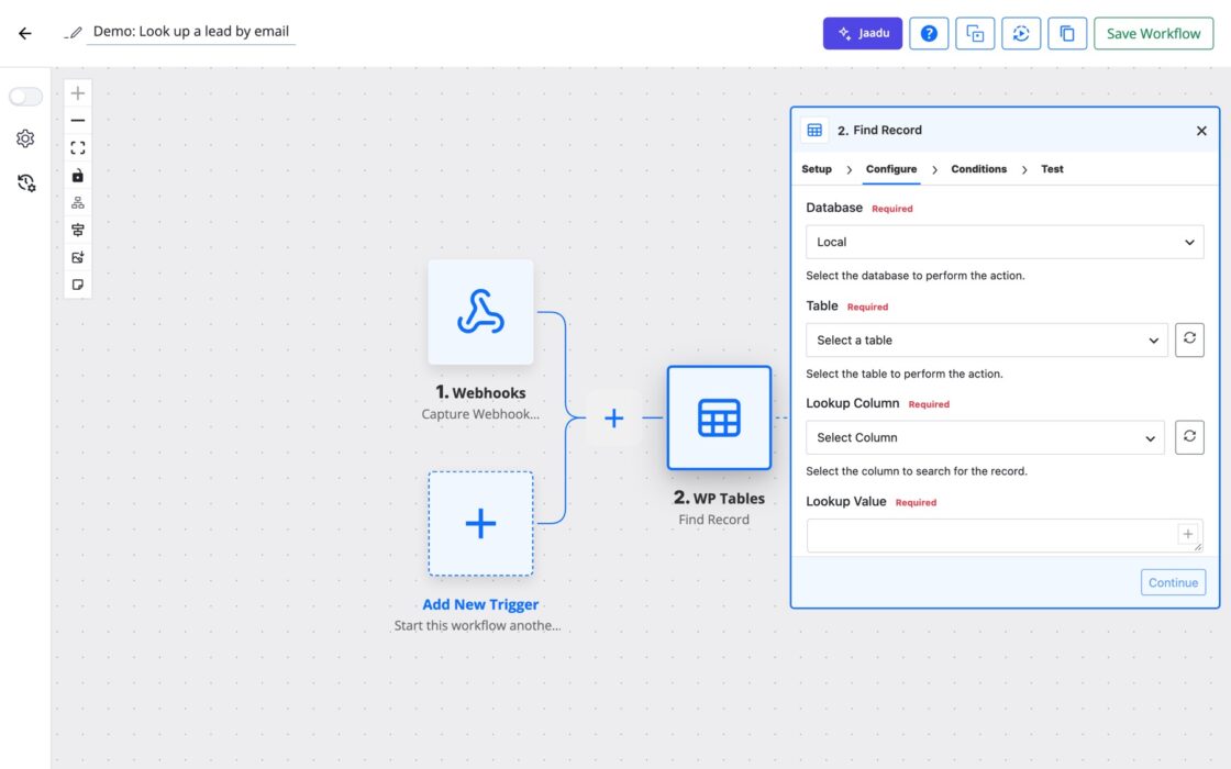 FlowMattic workflow builder showing the WP Tables Find Record action settings.
