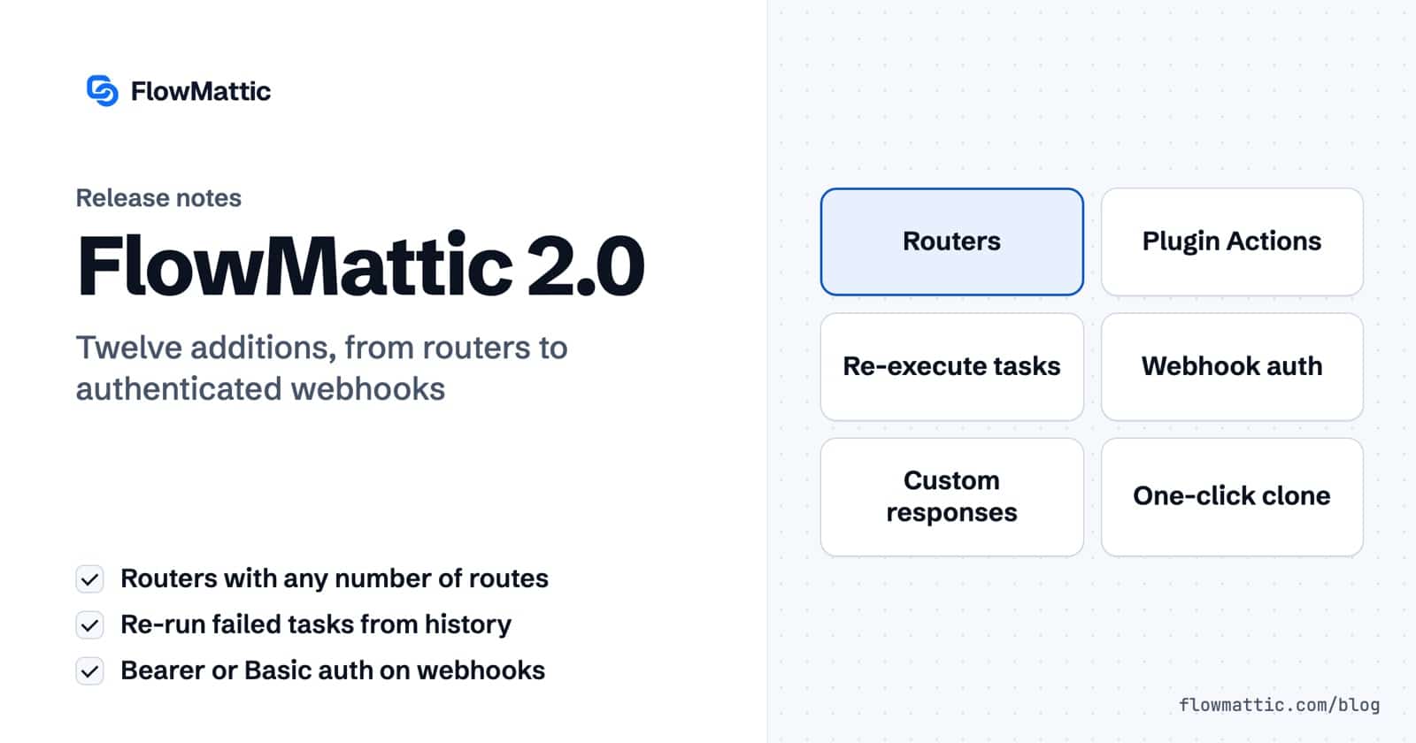 FlowMattic 2.0 release notes card listing routers, Plugin Actions, re-execute tasks, webhook authentication, custom webhook responses and one-click workflow clone.