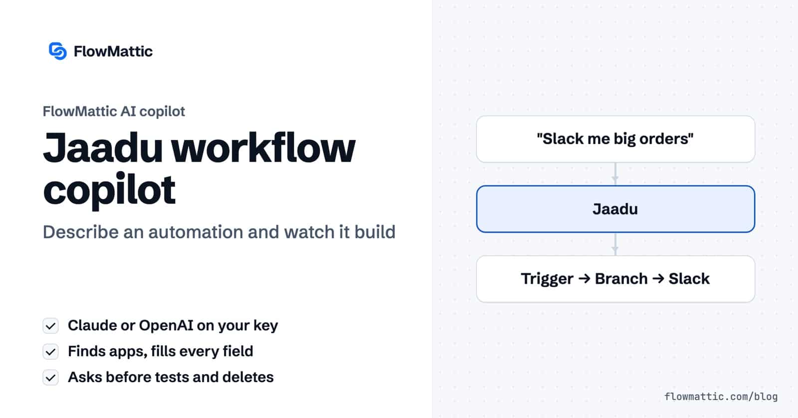 FlowMattic Jaadu copilot: a plain-language request becomes a WooCommerce trigger, a Branch and a Slack step on the workflow canvas.
