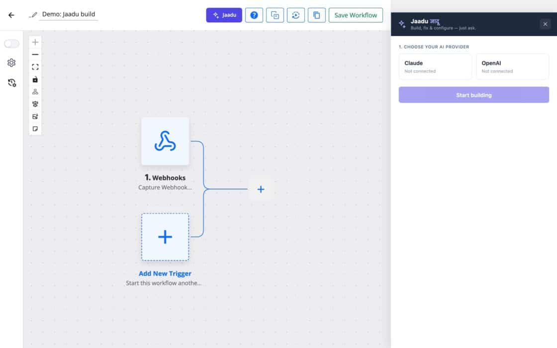 FlowMattic workflow builder with the Jaadu chat drawer open on the right and starter chips under the message box.